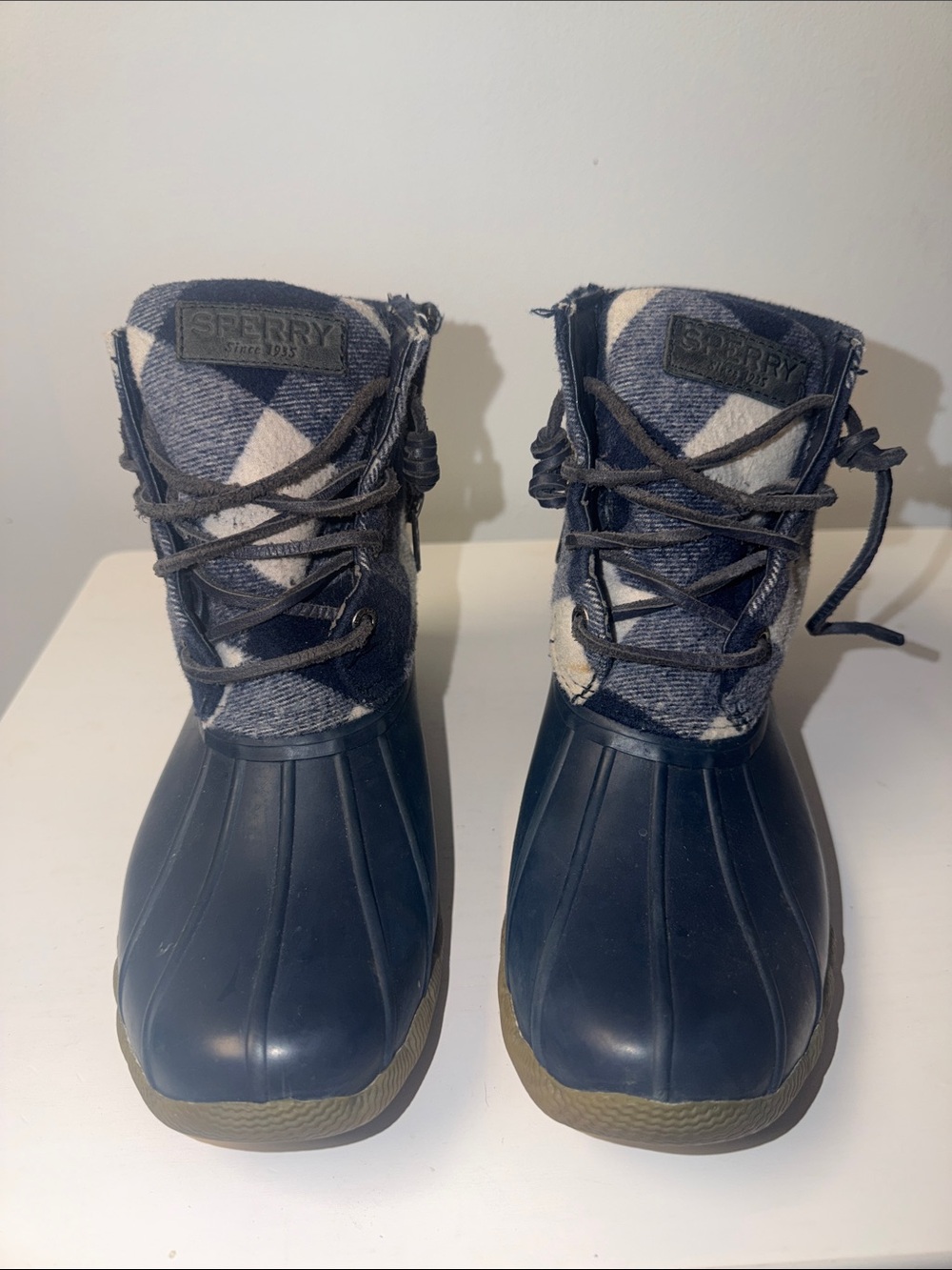 Sperry Kids Navy and Gray Plaid Duck Boots